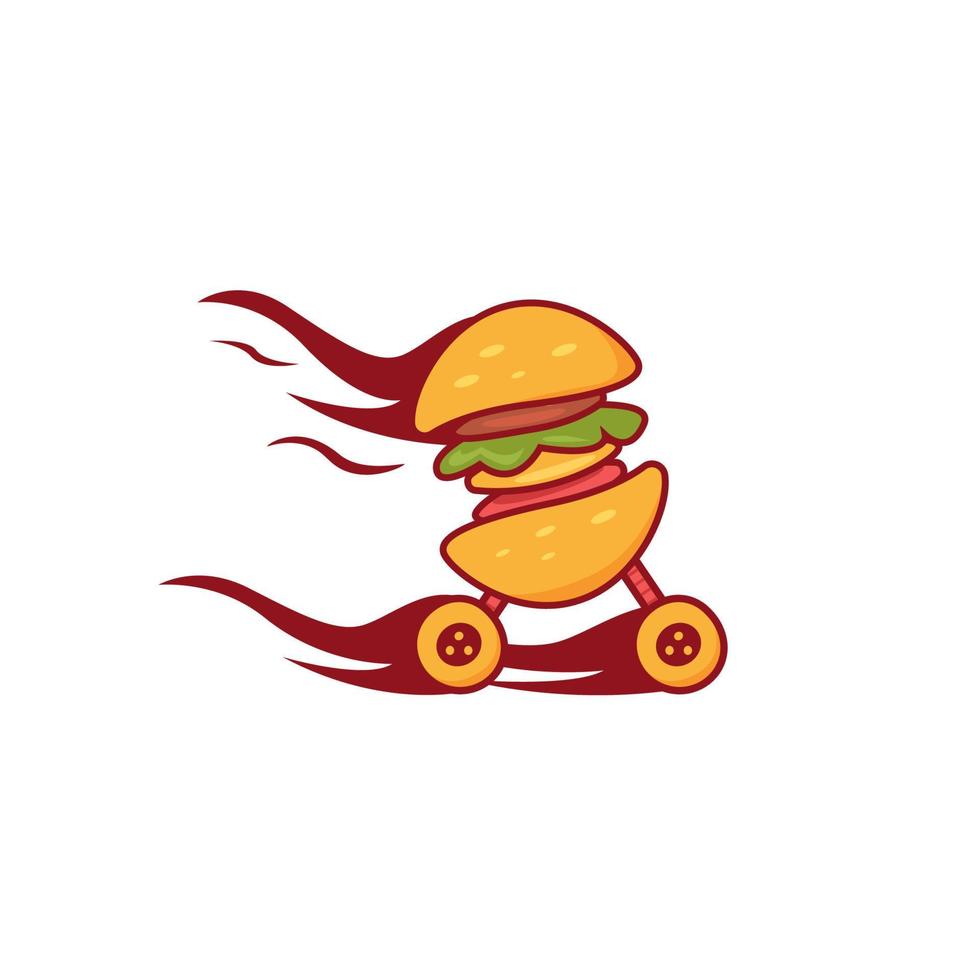 rodas de chama logotipo de hambúrguer de corrida de estrada símbolo de ilustração dos desenhos animados design de vetor de comida engraçada