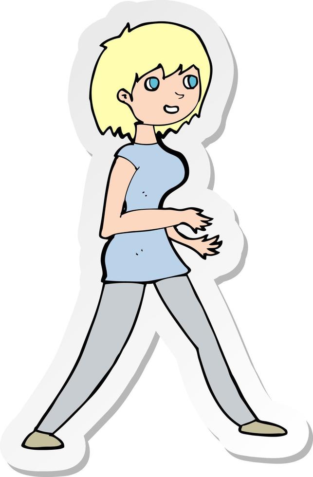 adesivo de uma mulher de desenho animado andando vetor