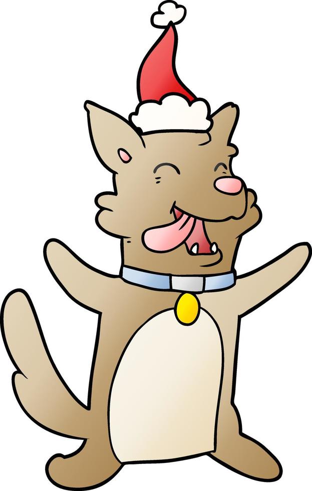 desenho de gradiente de um cachorro feliz usando chapéu de papai noel vetor
