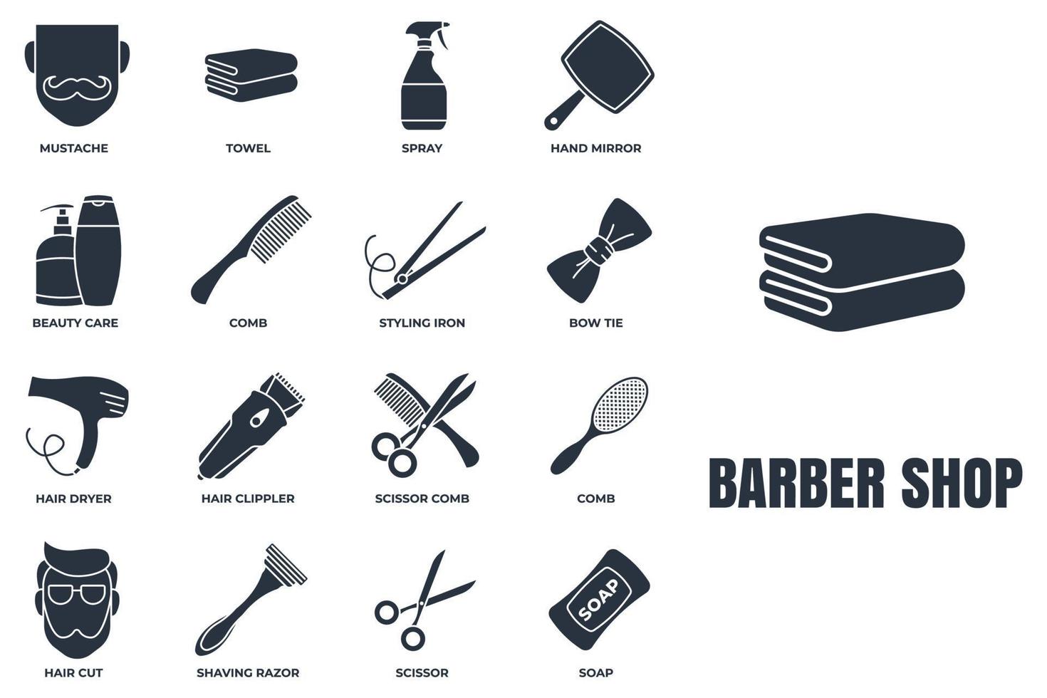 barbearia banner web conjunto de ícones. navalha de barbear, sabonete, toalha, espelho de mão, bigode, tesoura, secador de cabelo e mais conceito de ilustração vetorial. vetor