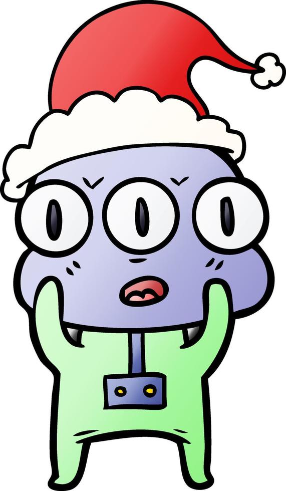 desenho de gradiente de um alienígena de três olhos usando chapéu de papai noel vetor