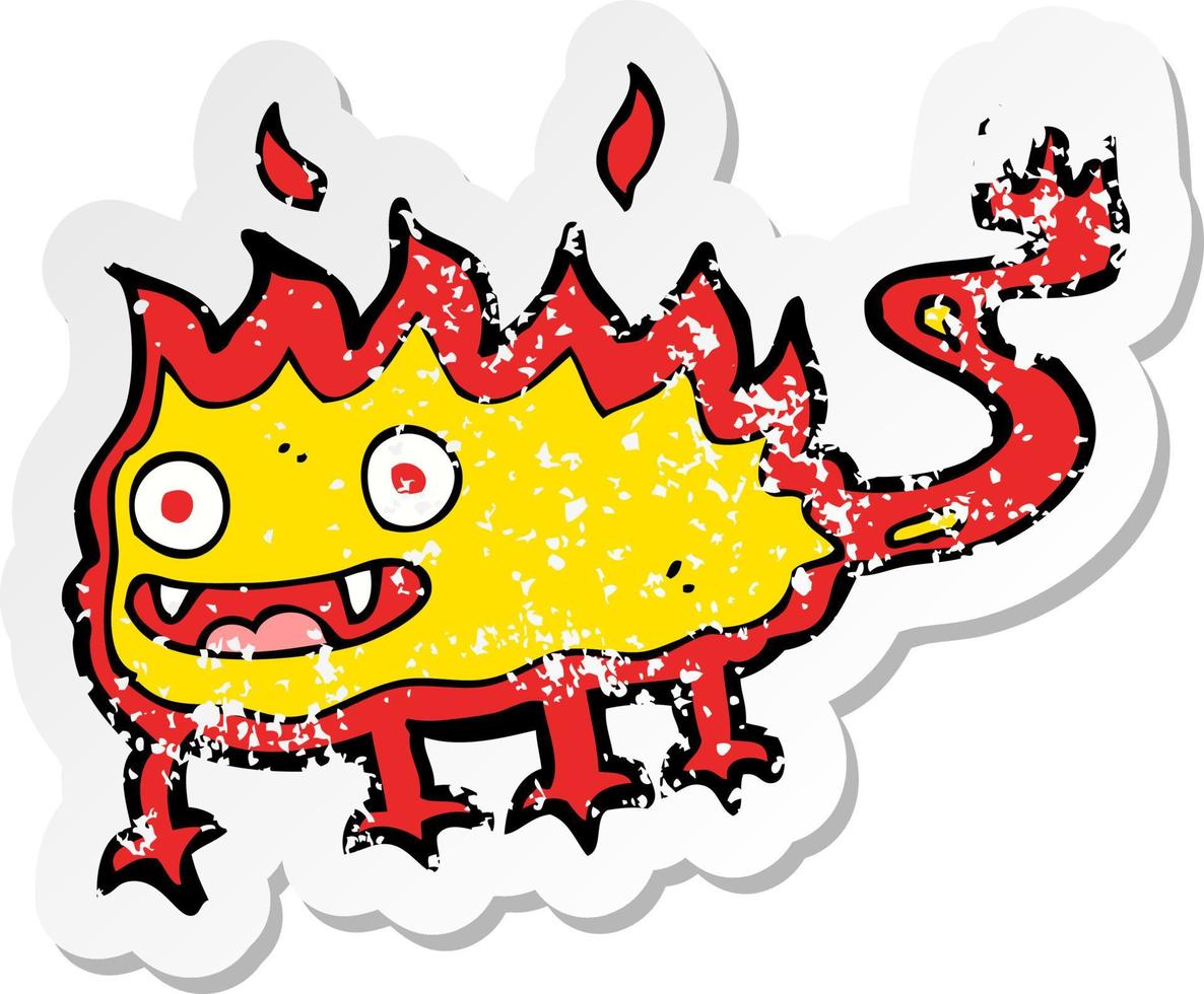 adesivo retrô angustiado de um desenho animado pequeno demônio de fogo vetor