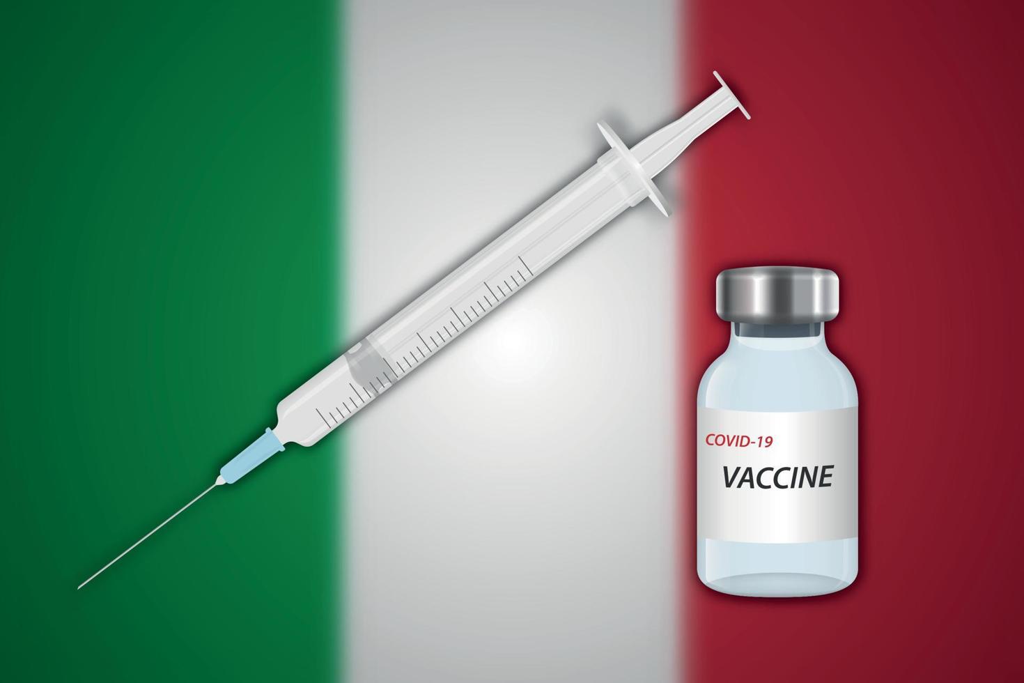 seringa e frasco de vacina em desfoque de fundo com bandeira da itália vetor
