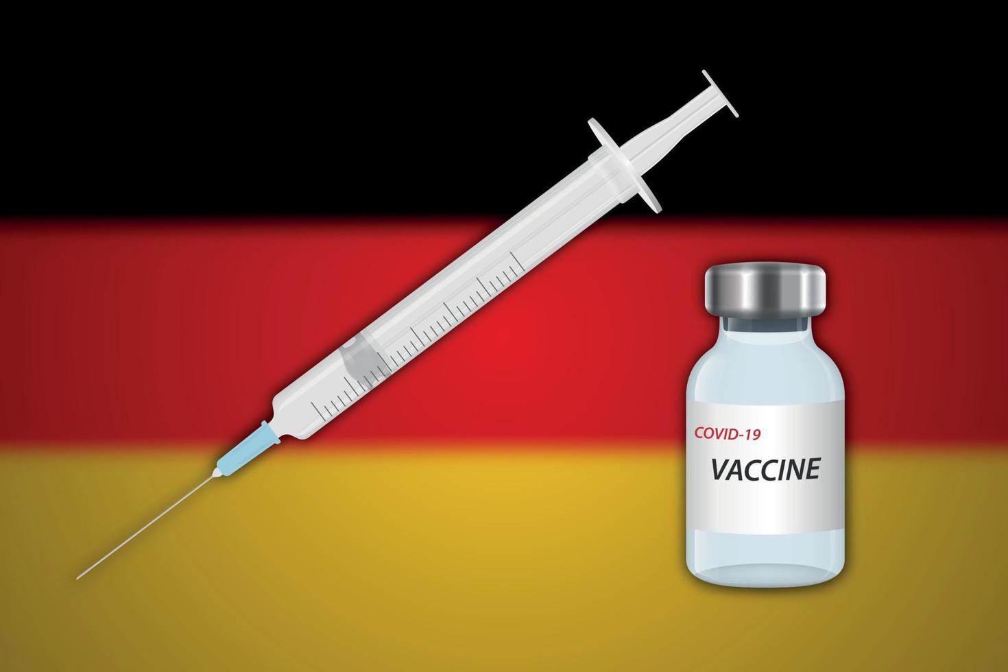seringa e frasco de vacina em desfoque de fundo com bandeira da alemanha vetor
