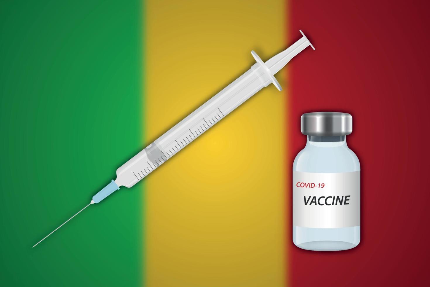 seringa e frasco de vacina sobre fundo desfocado com bandeira do mali, vetor