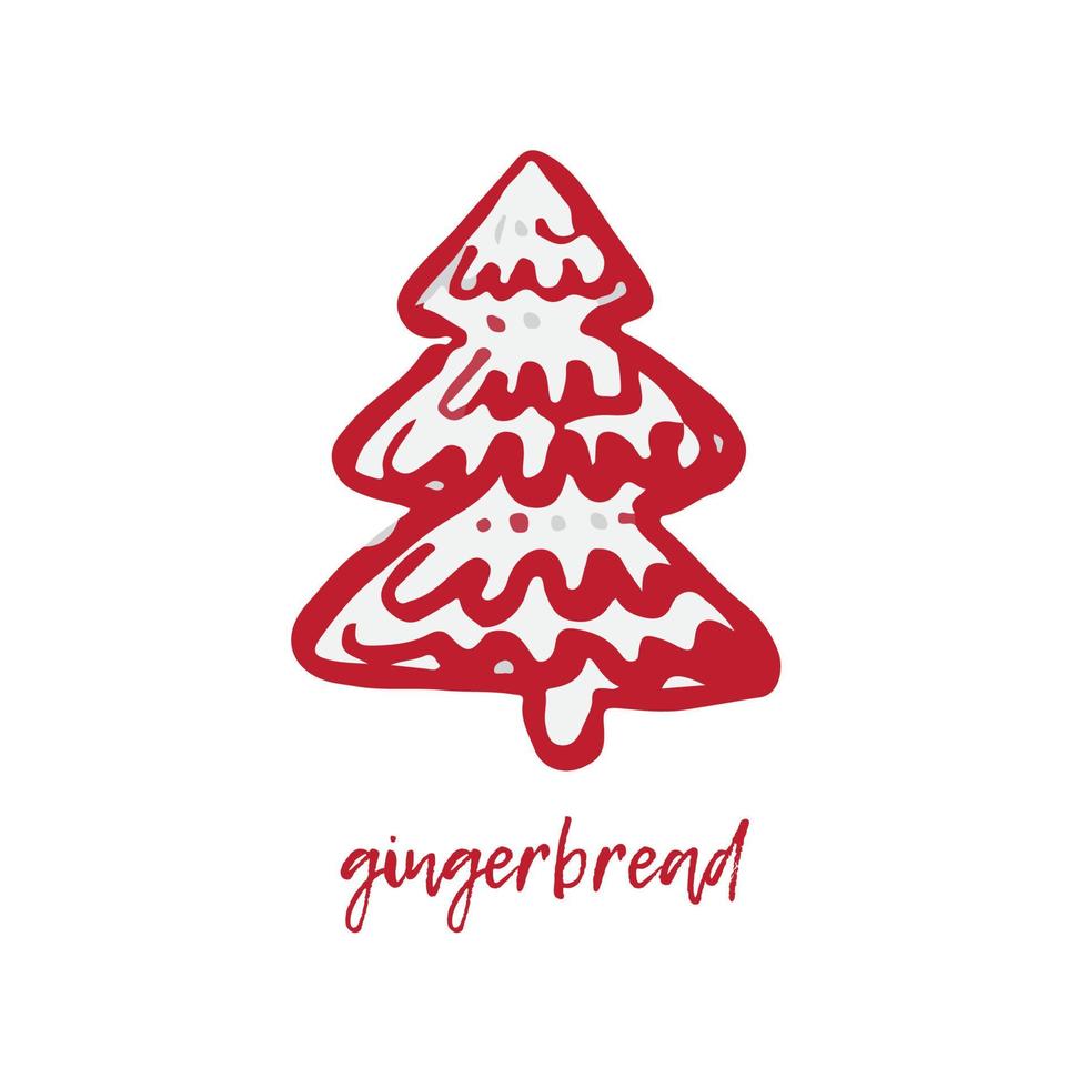cartão de natal festivo desenhado à mão e ano novo com símbolos de férias árvore de gengibre e inscrição de saudação caligráfica vetor