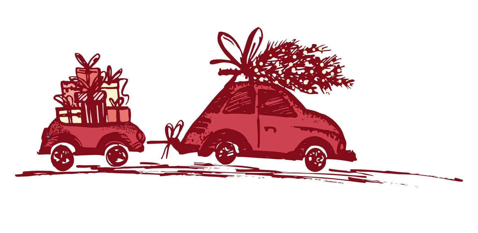 cartão com árvore de natal no teto do carro e reboque do carro com presentes de natal. vetor