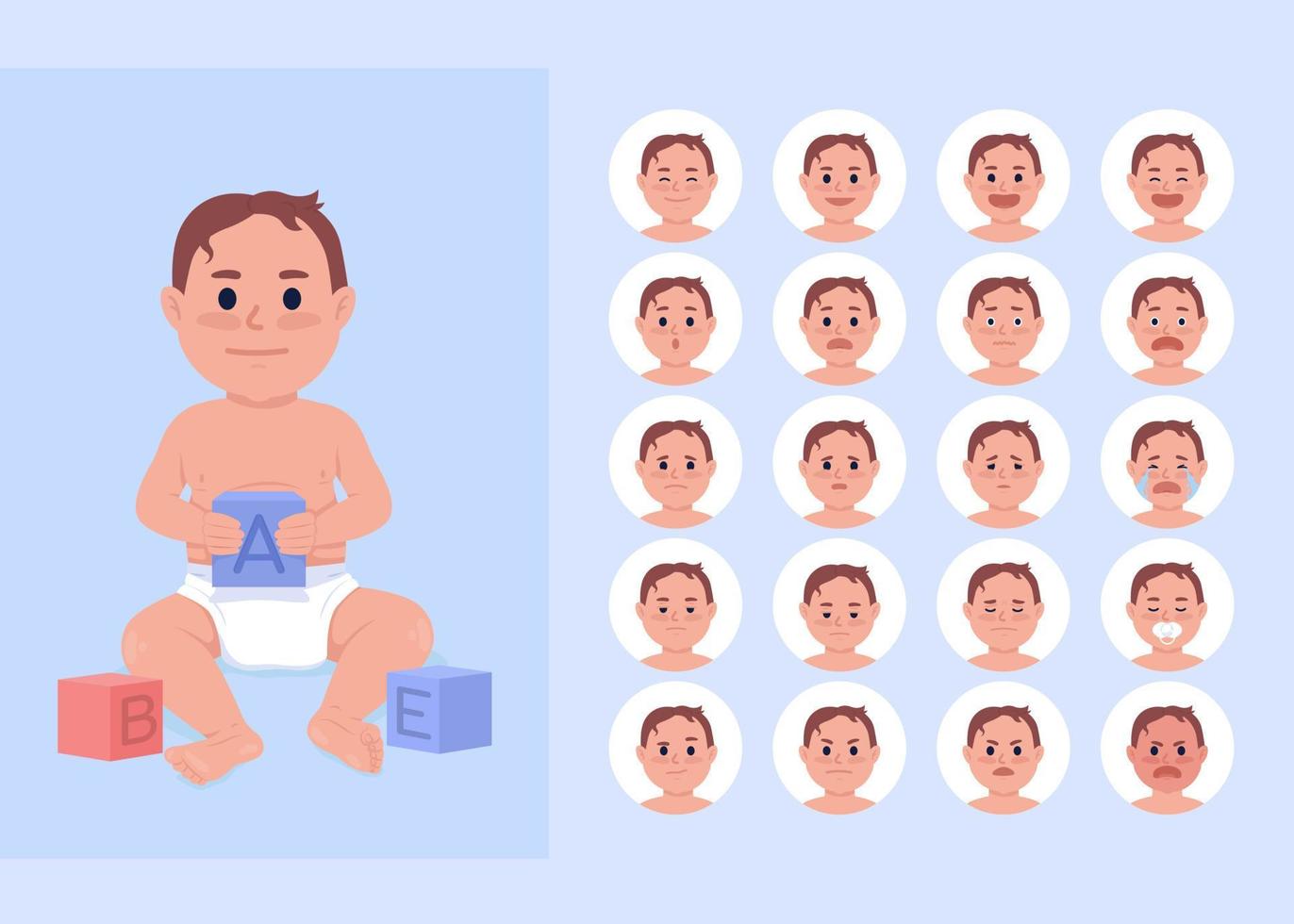 bebê menino mudando de humor conjunto de emoções de personagem de cor semi plana vetor