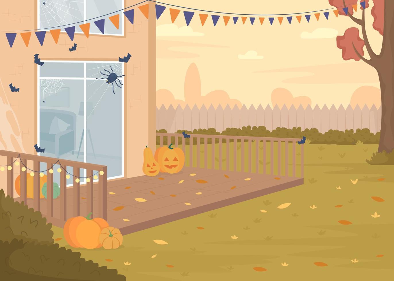 ilustração em vetor de cor plana de festa de quintal de halloween. decorações assustadoras. celebração sazonal. férias de outono. paisagem de desenho simples 2d totalmente editável com abóboras no fundo