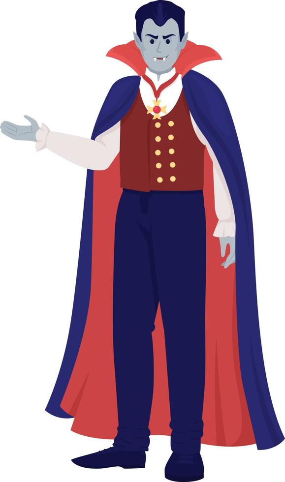 personagem de vetor de cor semi plana de vampiro. figura editável. pessoa de corpo inteiro em branco. fantasia de festa de halloween ilustração de estilo de desenho animado simples para web design gráfico e animação