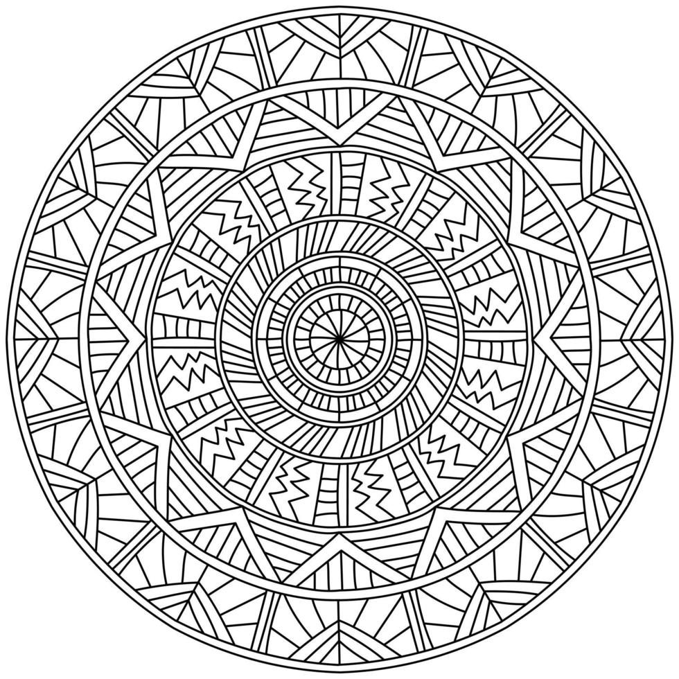 mandala simétrica com padrões lineares, página para colorir com motivos listrados vetor