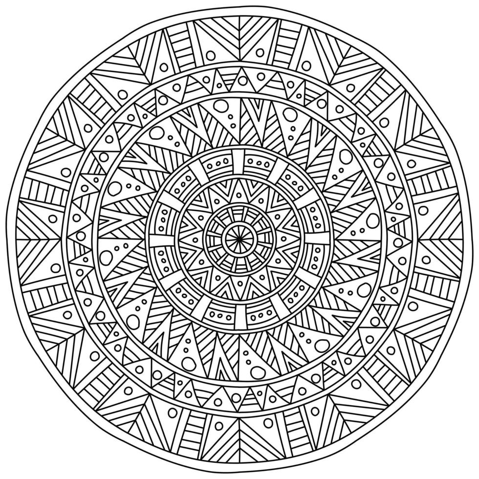 mandala de fantasia com padrões lineares, página para colorir meditativa em forma de círculo vetor