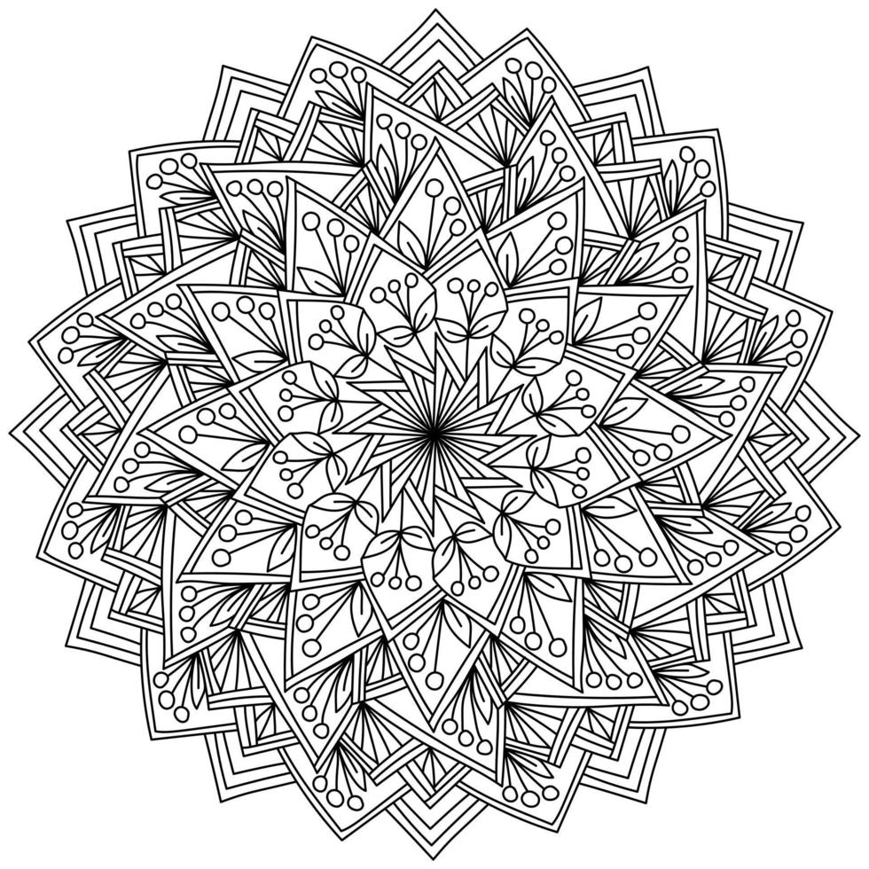 desenho de mandala com bagas de rabiscos em pétalas de fantasia triangulares, meditativo para colorir vetor