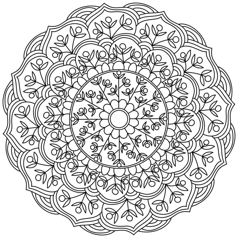 mandala de contorno com cachos de bagas e folhas e cachos esvoaçantes, página para colorir na forma de um círculo com motivos de plantas vetor