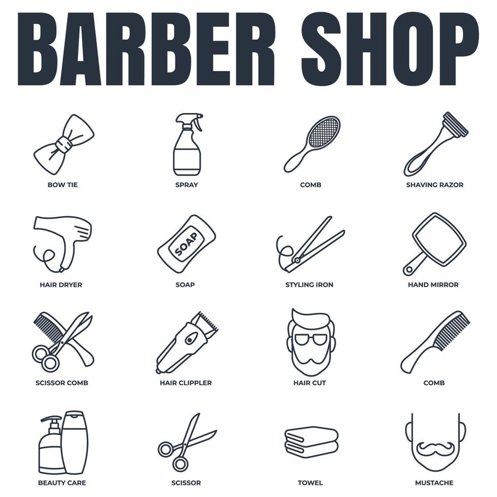 barbearia banner web conjunto de ícones. navalha de barbear, sabonete, toalha, espelho de mão, bigode, tesoura, secador de cabelo e mais conceito de ilustração vetorial. vetor