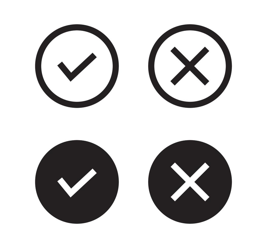 confirme e remova ícones negativos de símbolo e marca de seleção para ilustração vetorial plana de aplicativo. vetor