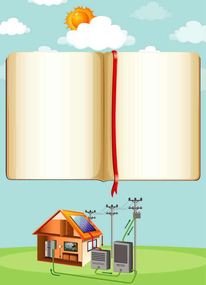 modelo de fronteira de livro com casa movida a energia solar vetor