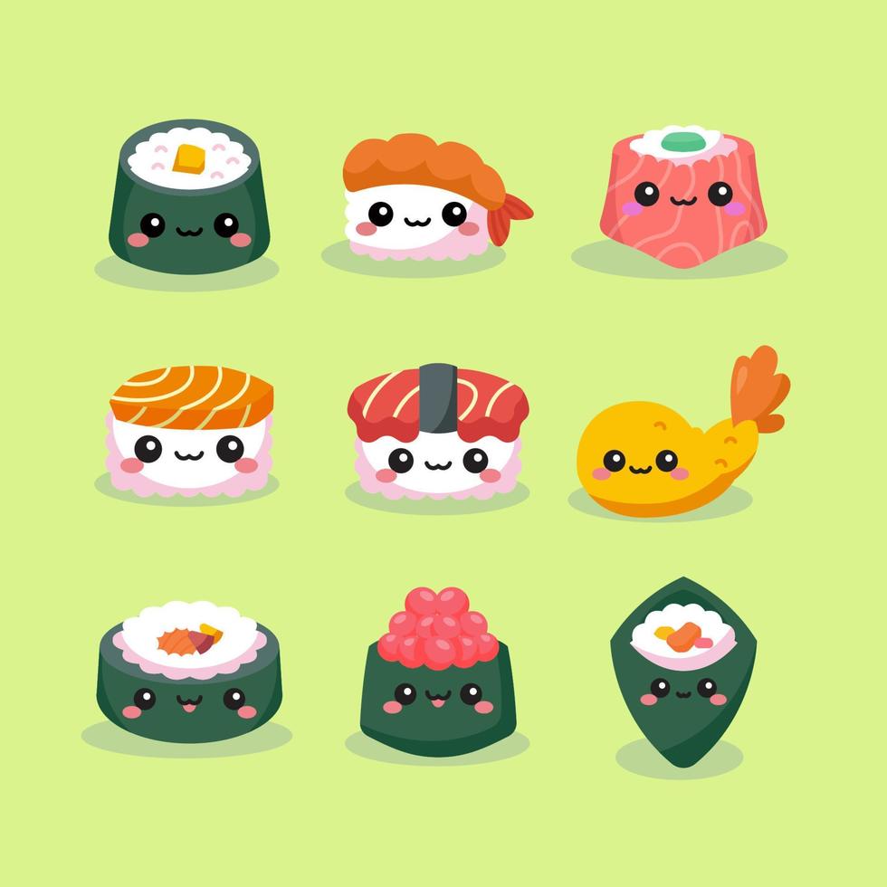conjunto de comida japonesa de sushi kawaii vetor