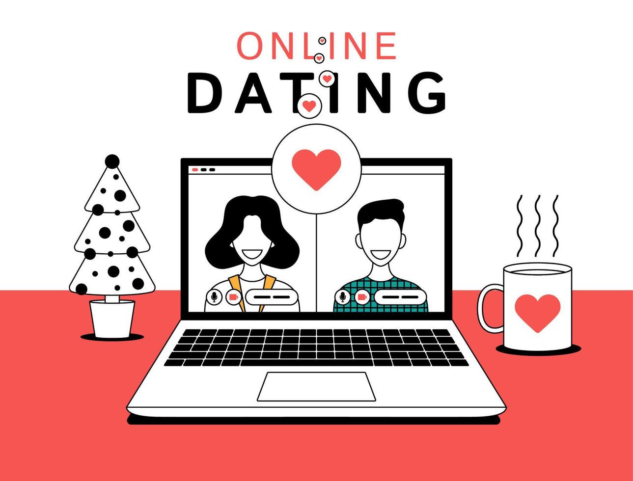 conceito de namoro online. jovens encontrando parceiros no site de namoro. casal feliz usando computador para bate-papo por vídeo online. ilustração vetorial para mídia social, amor, conceito de romance vetor