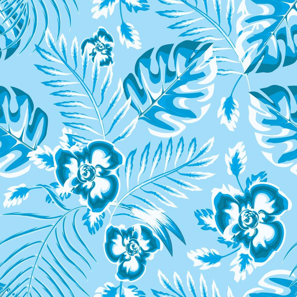 ilustração de fundo azul céu com folhas exóticas de samambaia monstera e folhagem de plantas de flores abstratas. belo cenário sem costura com luz de plantas tropicais. design temático de verão. fundo floral vetor