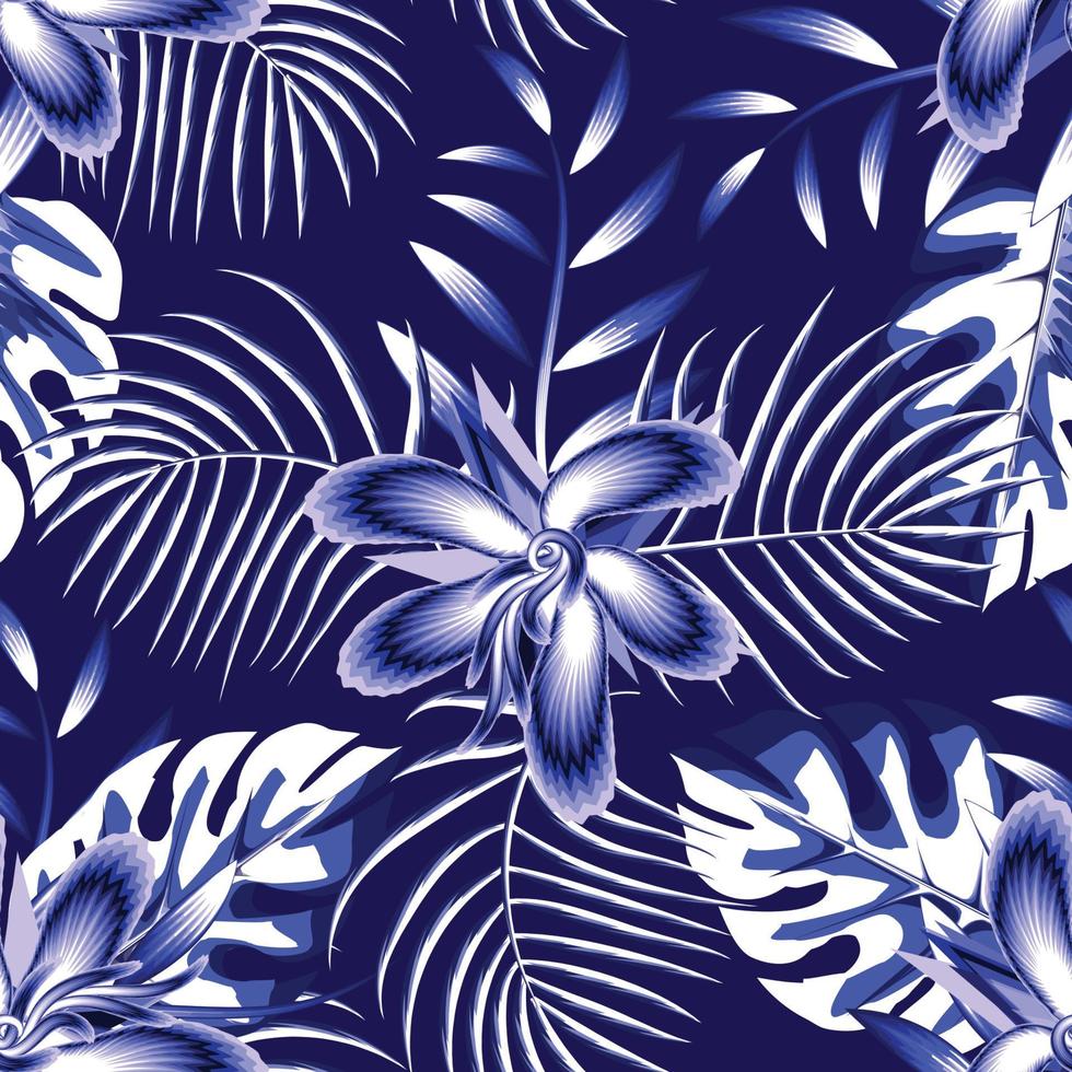 pano de fundo abstrato sem costura com folhas de palmeira monstera tropical monocromática azul e folhagem de plantas de flores de hibisco em fundo escuro. desenho vetorial. estampa da selva. fundo floral. verão. velho vetor
