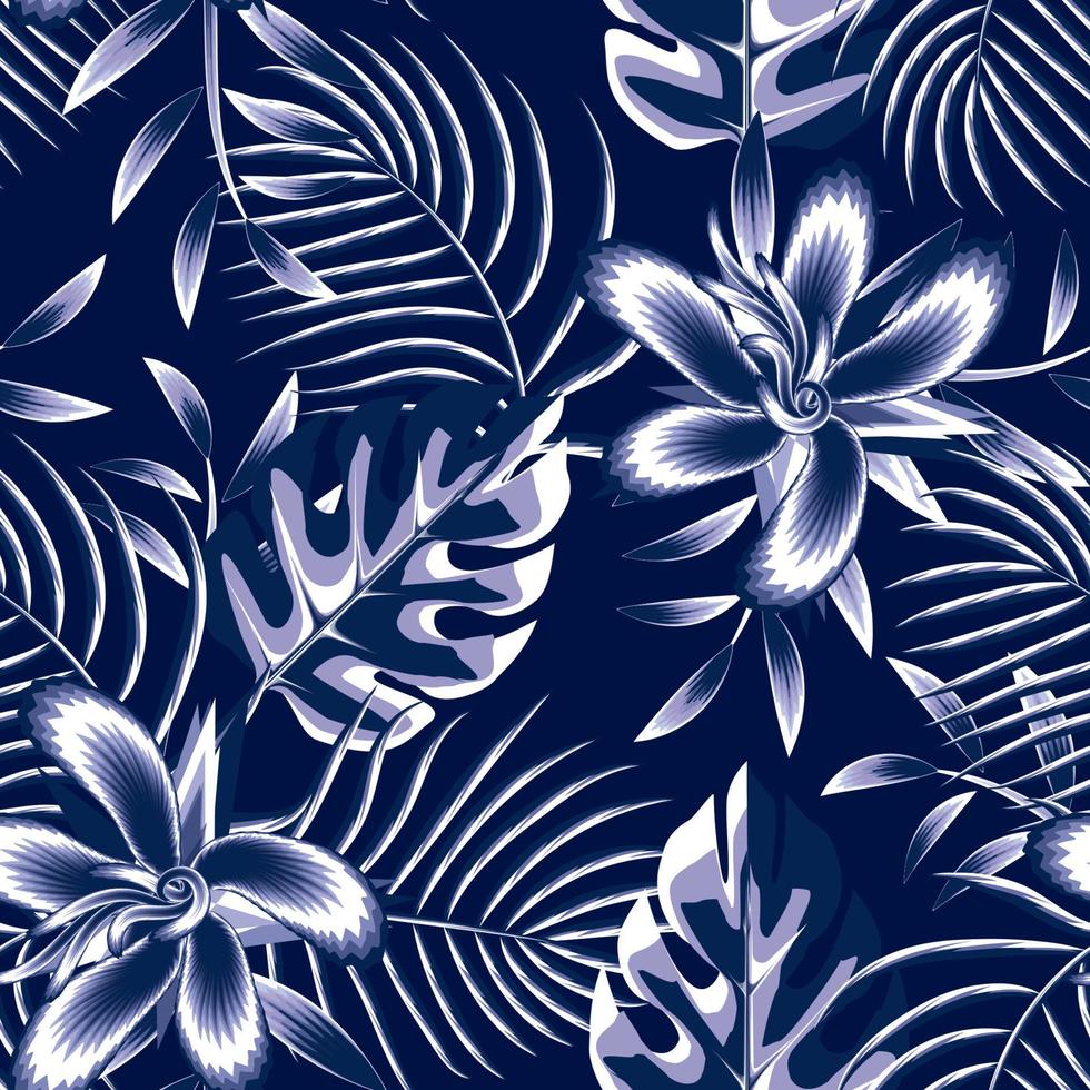 ashionable imprime design vetorial de textura com flores de hibisco tropicais monocromáticas azuis e folhas de palmeira monstera padrão sem emenda no fundo da noite. fundo floral. design exótico de verão. arte vetor