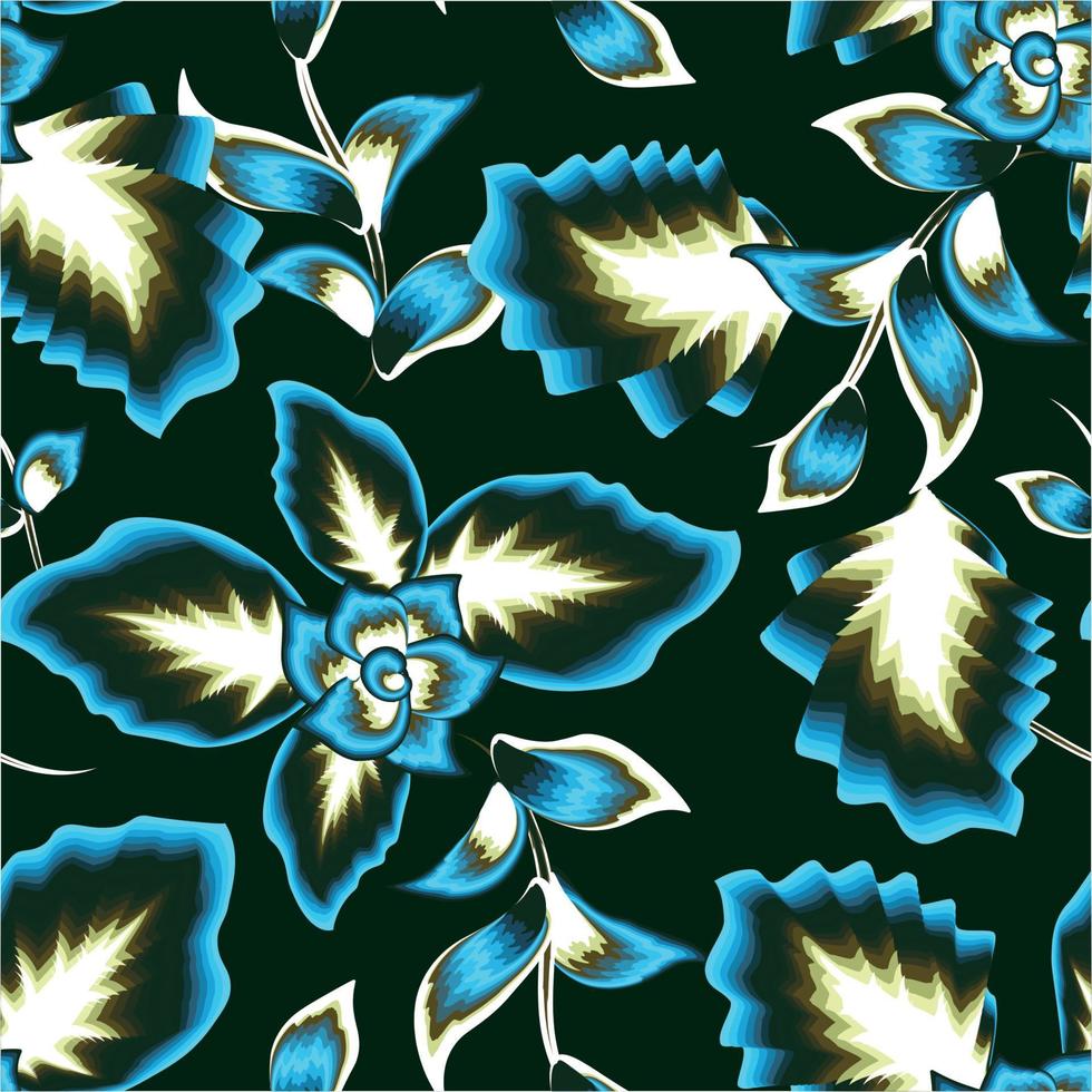 fundo sem costura botânico vintage com folhas de plantas tropicais coloridas e folhagens em fundo escuro. adequado para estampas de moda, gráficos, fundos e artesanato. design exótico de verão. primavera vetor