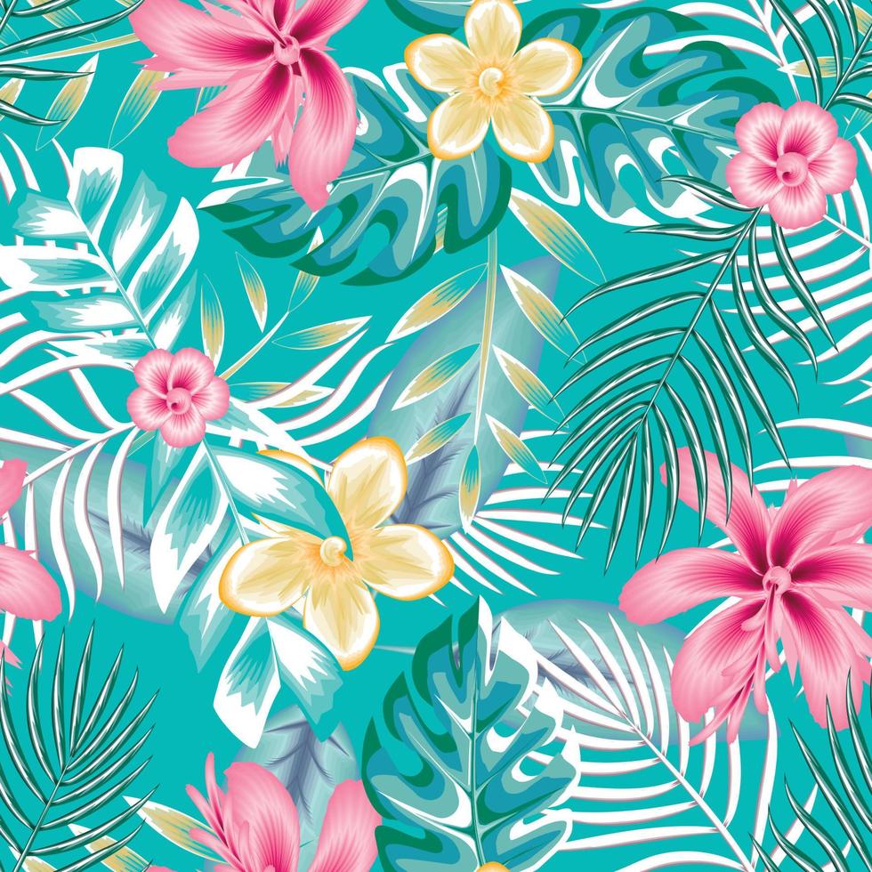 flor e folhas tropical exótico padrão sem costura tecido colorido textura impressão repetida. frangipani bege exótico, elementos florais abstratos de hibisco, folhas de palmeira azul tropical e ramos em pastel vetor