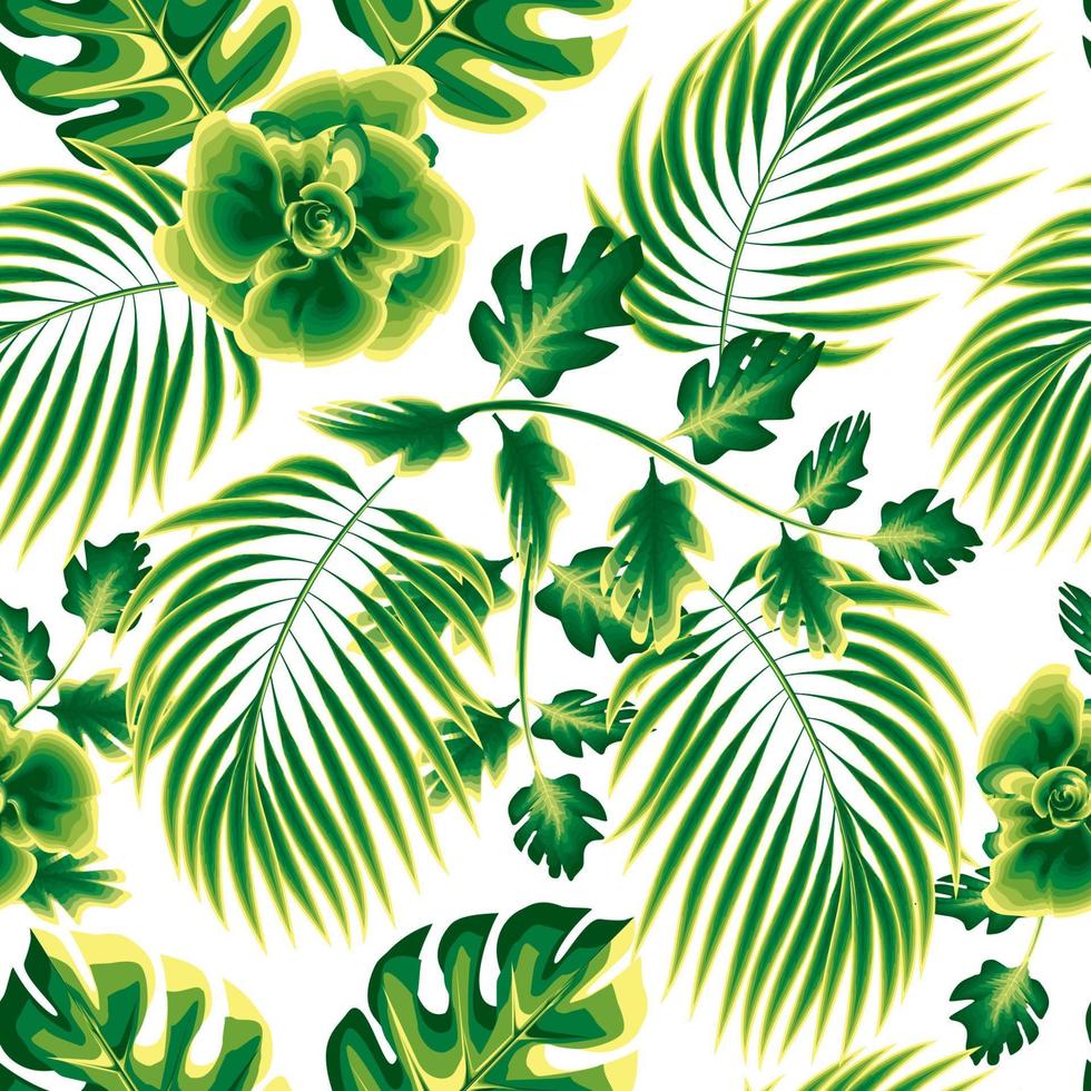 fundo sem costura natureza verde com folhas tropicais de cor monocromática e flores plantas folhagem sobre fundo claro. estampa da selva. fundo floral. verão exótico. papel de parede tropical. primavera vetor