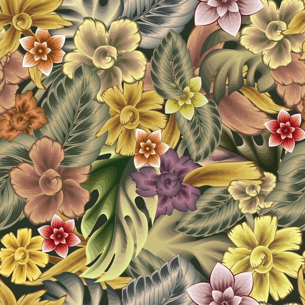 abstrato floral sem costura tropical padrão com plantas coloridas e folhas em fundo escuro. fundo floral. textura da moda. projeto de verão. decoração de papel de parede. estampas da selva. outono. primavera vetor