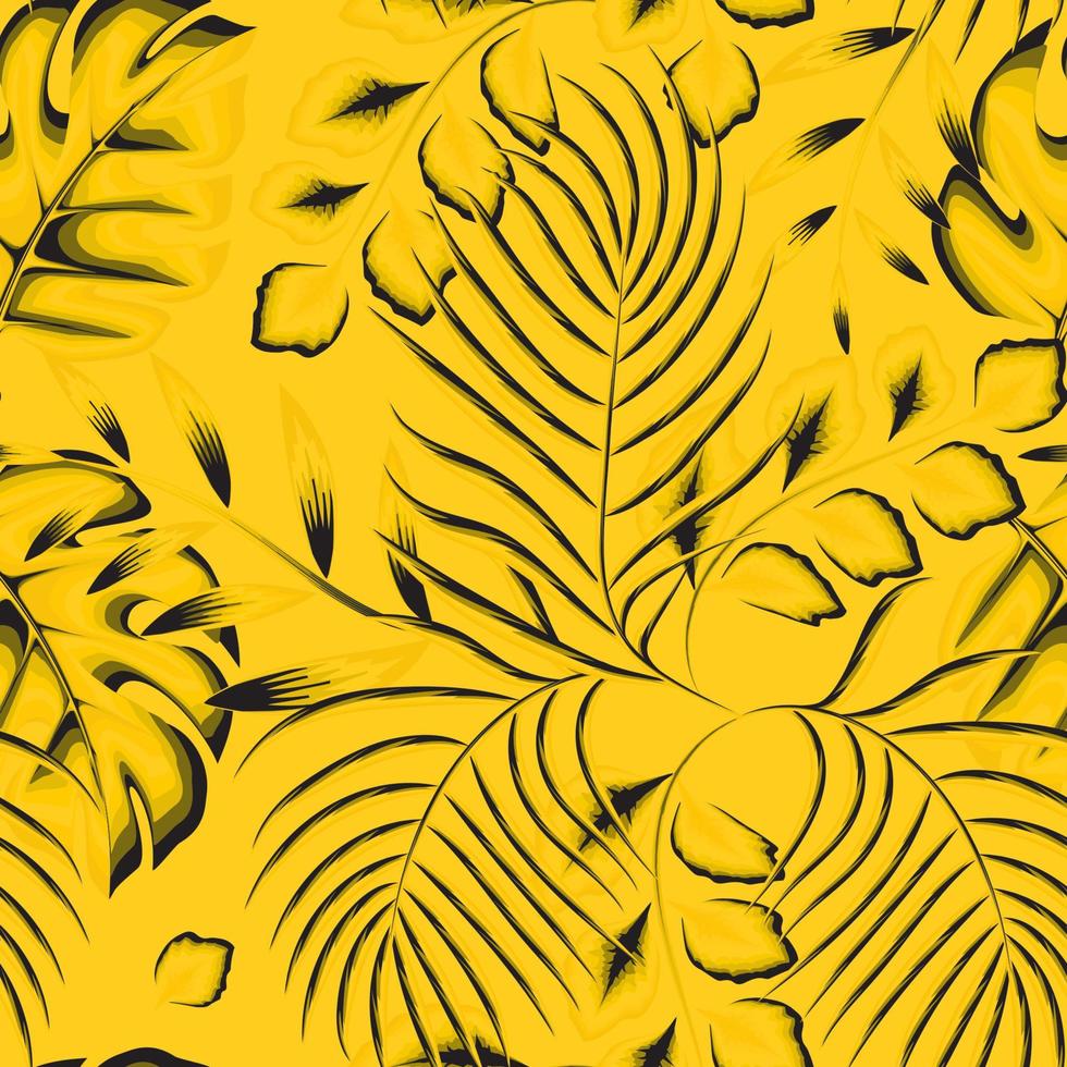 fundo sem emenda de tendência de verão com folhas de palmeira monstera tropical brilhante e folhagem de plantas em fundo amarelo. modelo para impressão, têxtil, capa de papel de parede e design de caixa. trópicos exóticos. verão vetor