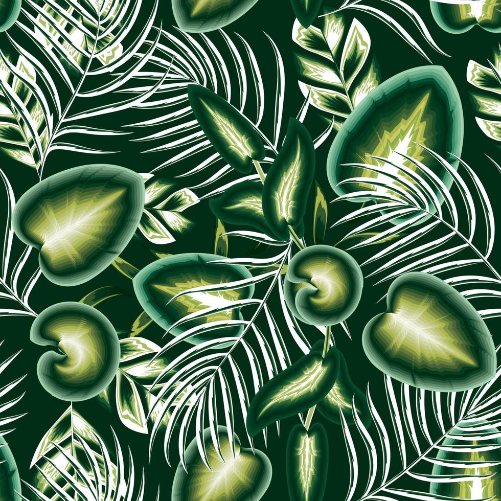 padrão sem emenda de ilustração de plantas exóticas da selva com folhas de palmeira calla abstratas e folhagens em fundo verde escuro. textura na moda. papel de parede de ilustração botânica vintage. estampa exótica vetor