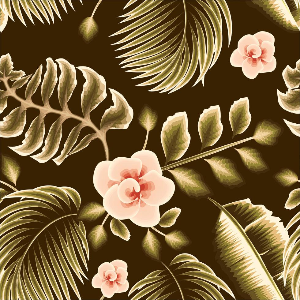 linda cor vintage tropical rosa sem costura padrão floral com folhas de palmeira de banana monocromática verde e folhagem de plantas no fundo da noite. textura na moda. fundo floral. projeto de verão vetor