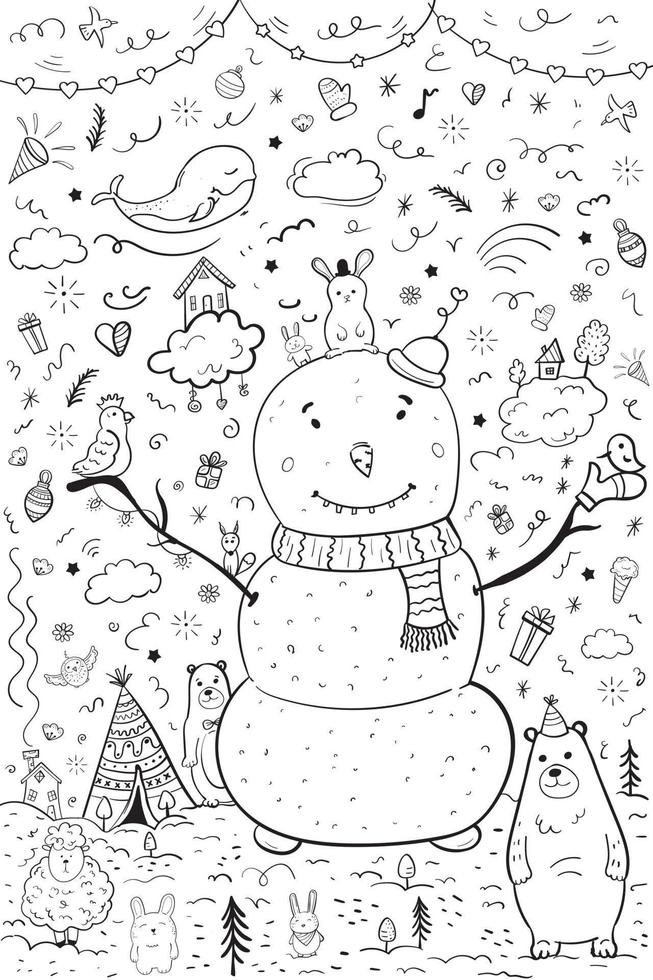 boneco de neve e animais mágicos em estilo doodle vetor