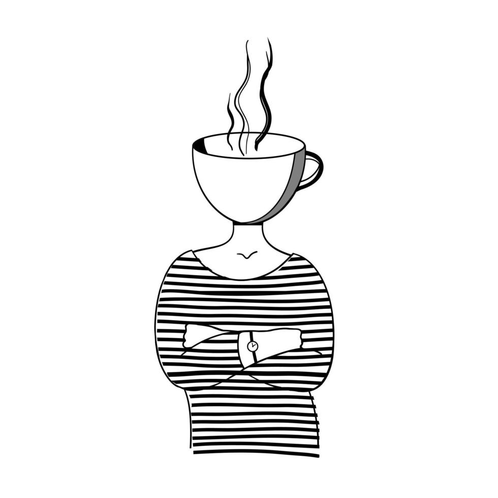 menina com uma xícara fumegante de chá ou café em vez de uma cabeça vetor