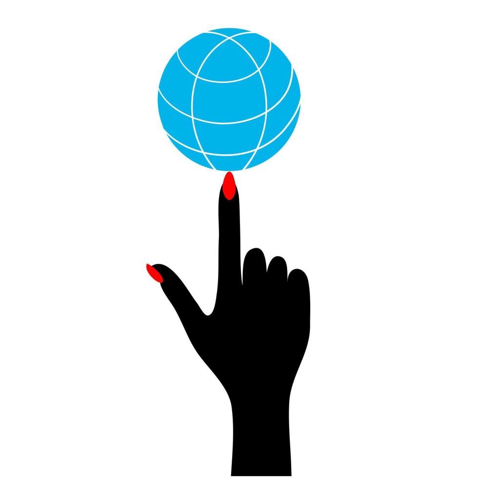 feliz Dia da Terra. a mão de uma mulher segura um globo terrestre com o dedo indicador vetor