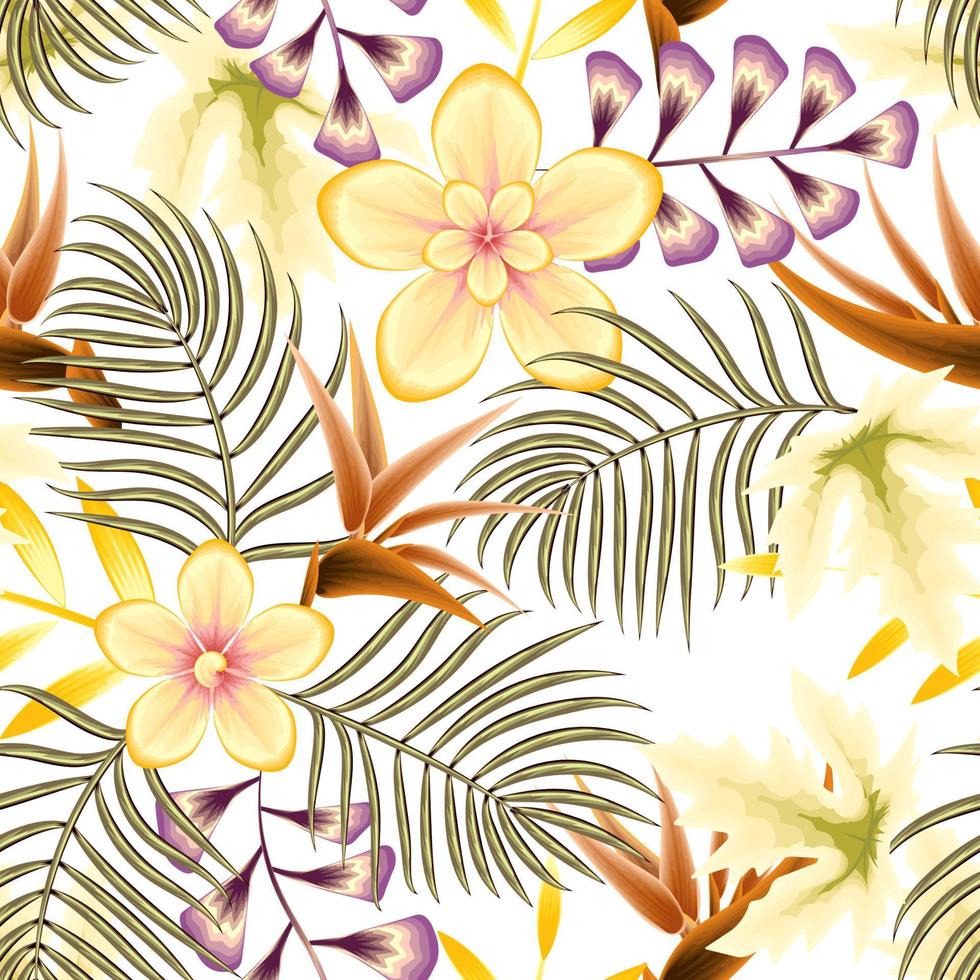 fundo sem costura outono com folhas tropicais coloridas e lindas flores sobre fundo claro. desenho vetorial. estampa da selva. fundo floral. trópicos exóticos. projeto de verão. primavera. natureza vetor