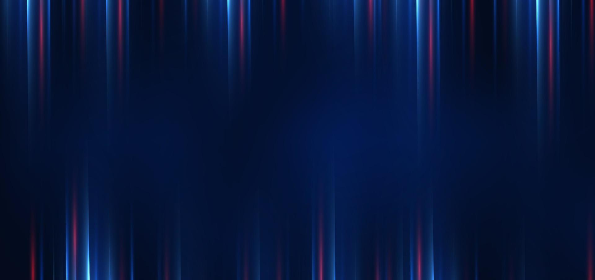 tecnologia abstrata futurista linhas de luz azuis e vermelhas brilhantes com efeito de desfoque de movimento de velocidade em fundo azul escuro. vetor
