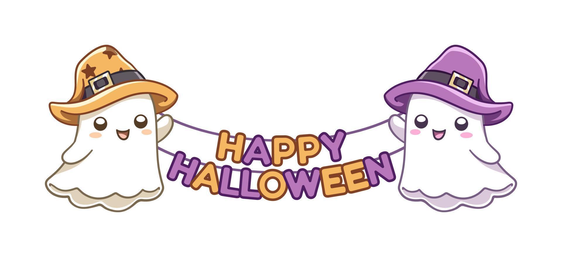 fantasmas com feliz dia das bruxas sinal ilustração vetorial clipart. impressão de convite de cartão de festa a fantasia de doces ou travessuras de halloween, impressão do produto, elemento de design de adesivo vetor