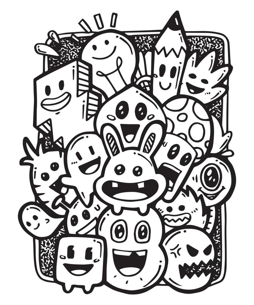 ilustração desenhada à mão, monstro de doodle, ilustração de monstro de desenho animado desenhado à mão, padrão desenhado à mão de doodle de multidão de desenhos animados, estilo de doodle. ilustração vetorial vetor