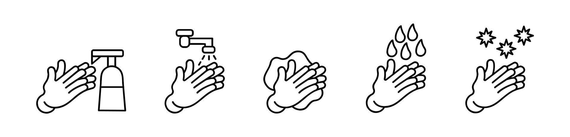 conjunto de ícones lavagem das mãos, vetor preto e ilustração vetorial de ícone de linha lavagem das mãos