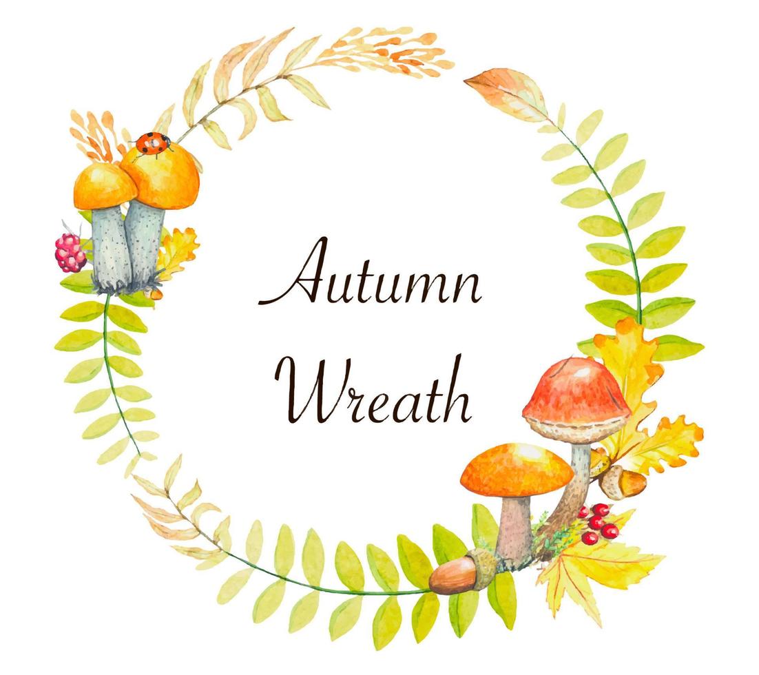 coroa de outono com cogumelos, grama e frutas. ilustração em aquarela vetor