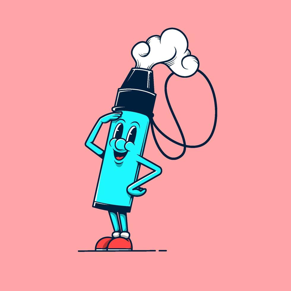 mascote de loja de dispositivo vaping azul andando. ilustração do logotipo dos desenhos animados vintage retrô. vetor