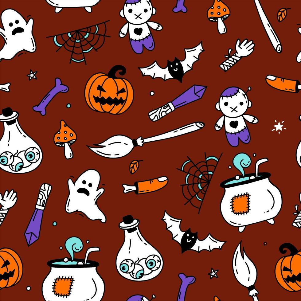 padrão perfeito com elementos de halloween doodle estilo vector design ilustração em fundo bordô