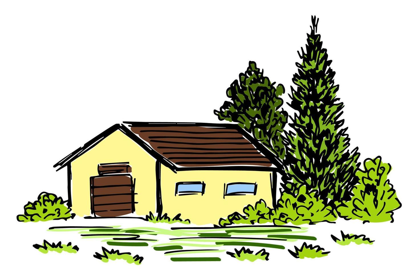 ilustração vetorial de cor desenhados à mão. edifícios agrícolas, casa pequena, grama verde brilhante, arbustos e árvores. paisagem rural. vetor
