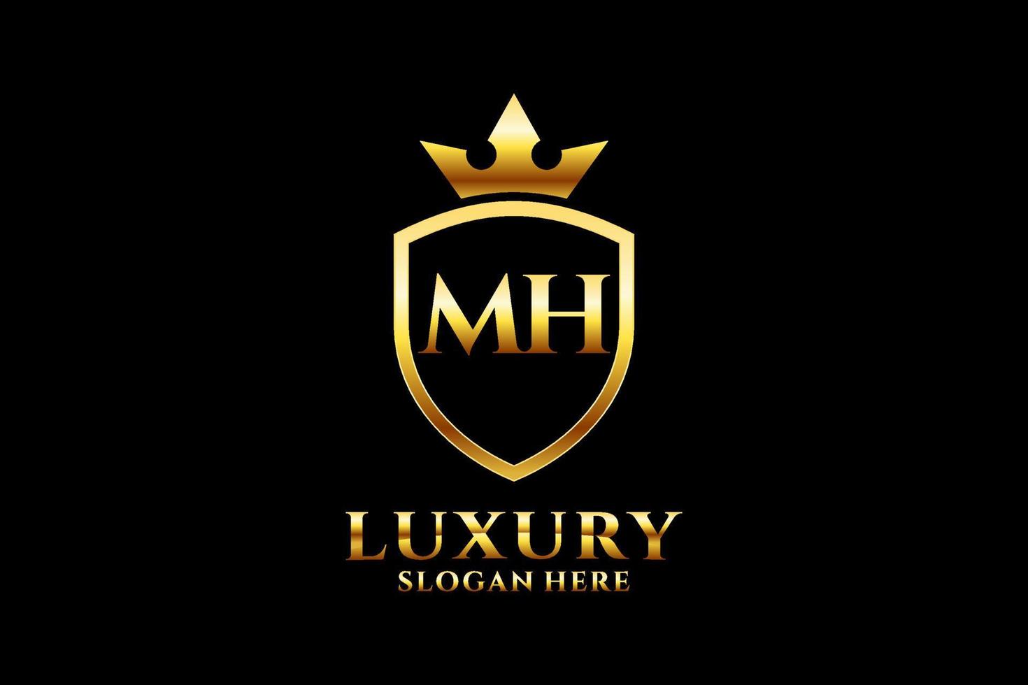 logotipo de monograma de luxo elegante inicial mh ou modelo de crachá com pergaminhos e coroa real - perfeito para projetos de marca luxuosos vetor