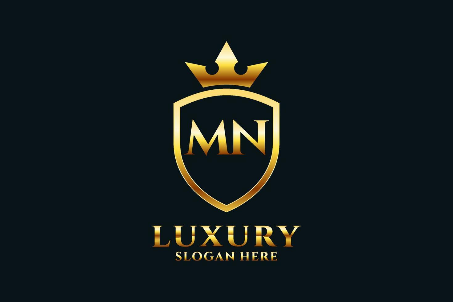 logotipo de monograma de luxo elegante inicial mn ou modelo de crachá com pergaminhos e coroa real - perfeito para projetos de marca luxuosos vetor