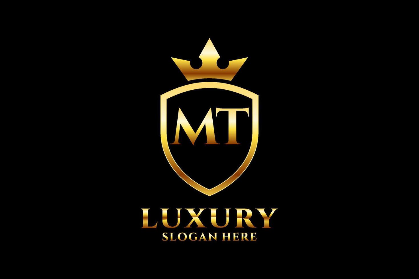 logotipo de monograma de luxo elegante mt inicial ou modelo de crachá com pergaminhos e coroa real - perfeito para projetos de marca luxuosos vetor