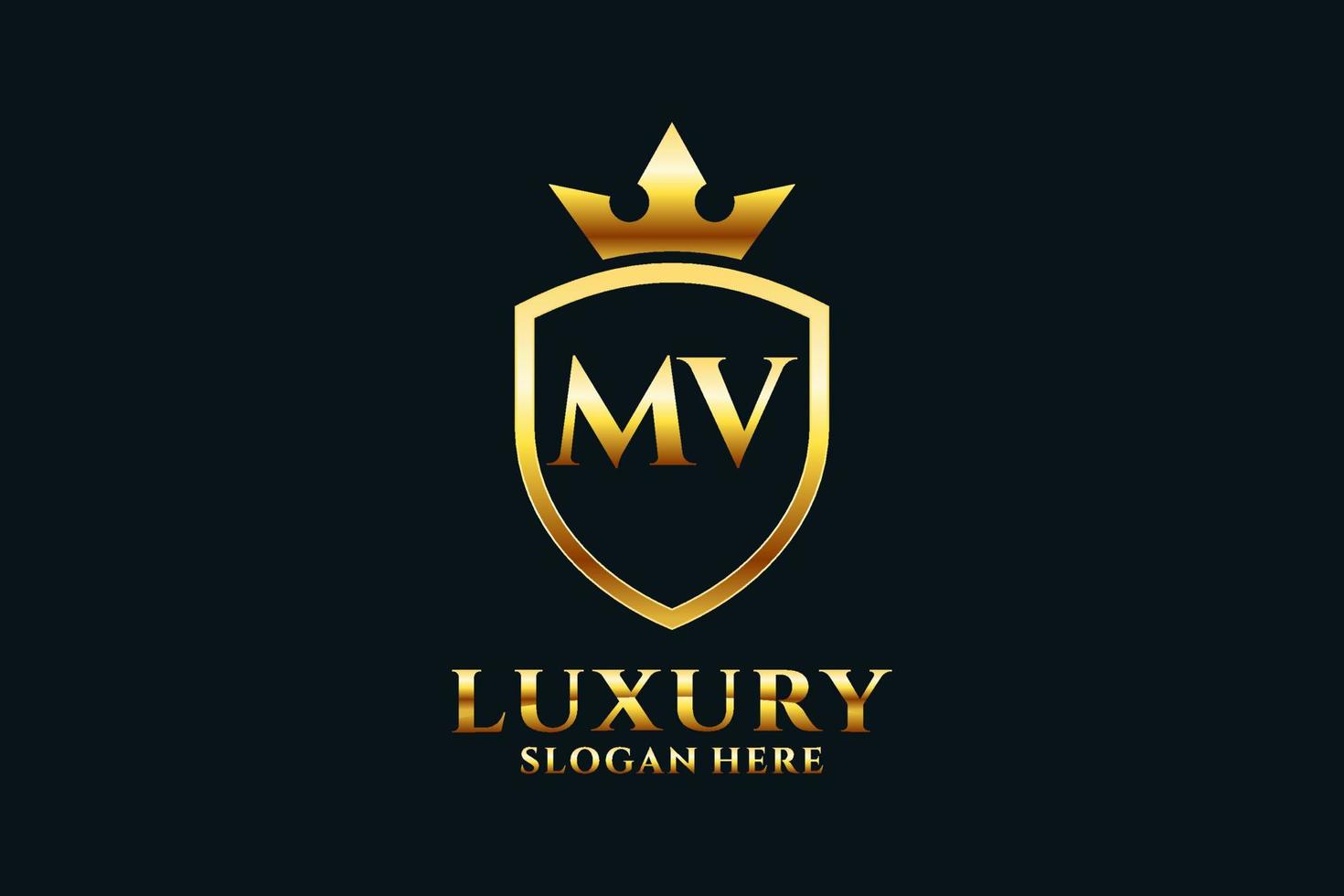 logotipo de monograma de luxo elegante inicial mv ou modelo de crachá com pergaminhos e coroa real - perfeito para projetos de marca luxuosos vetor