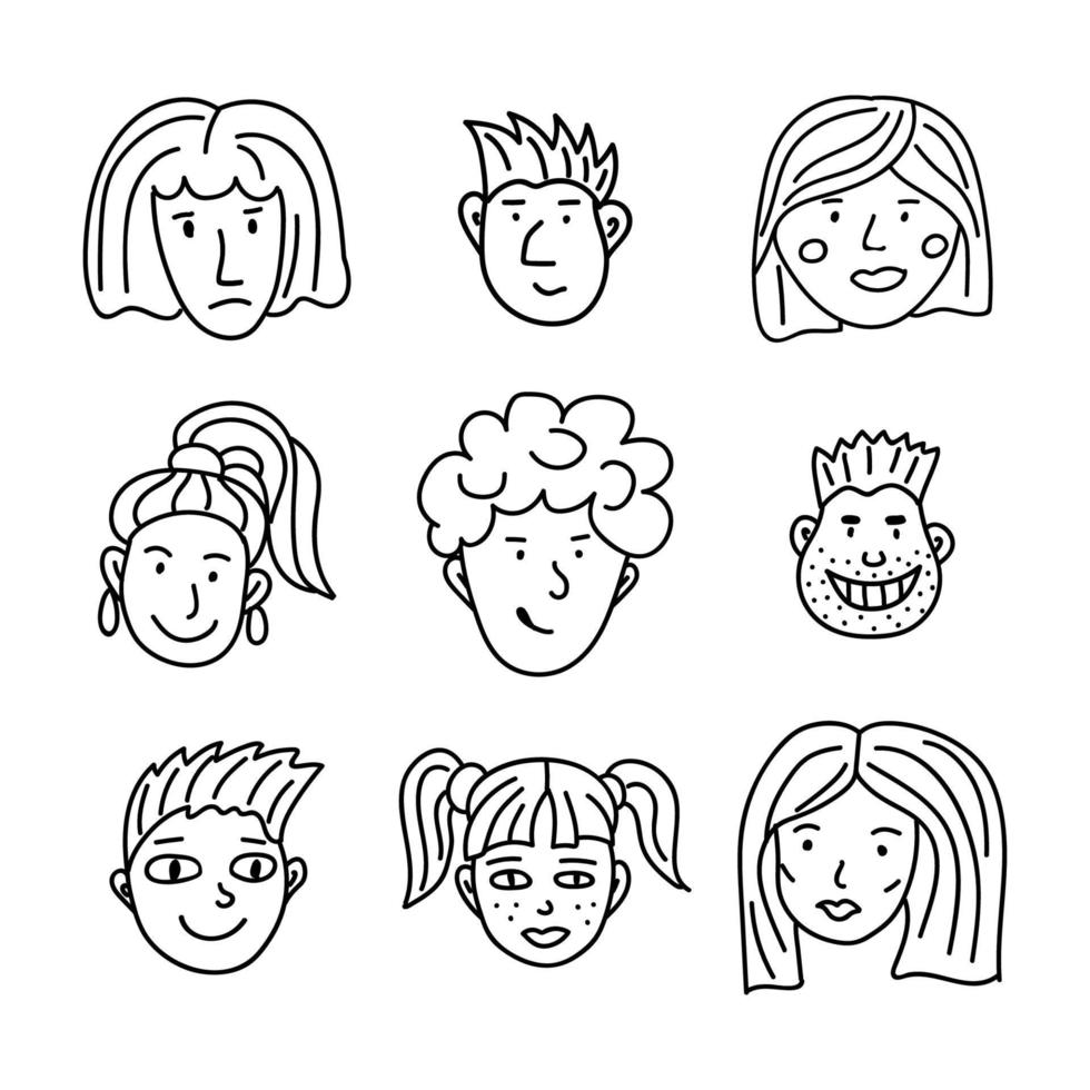 vector doodle conjunto rosto de pessoas. ícones desenhados à mão de arte de linha de cabeças humanas